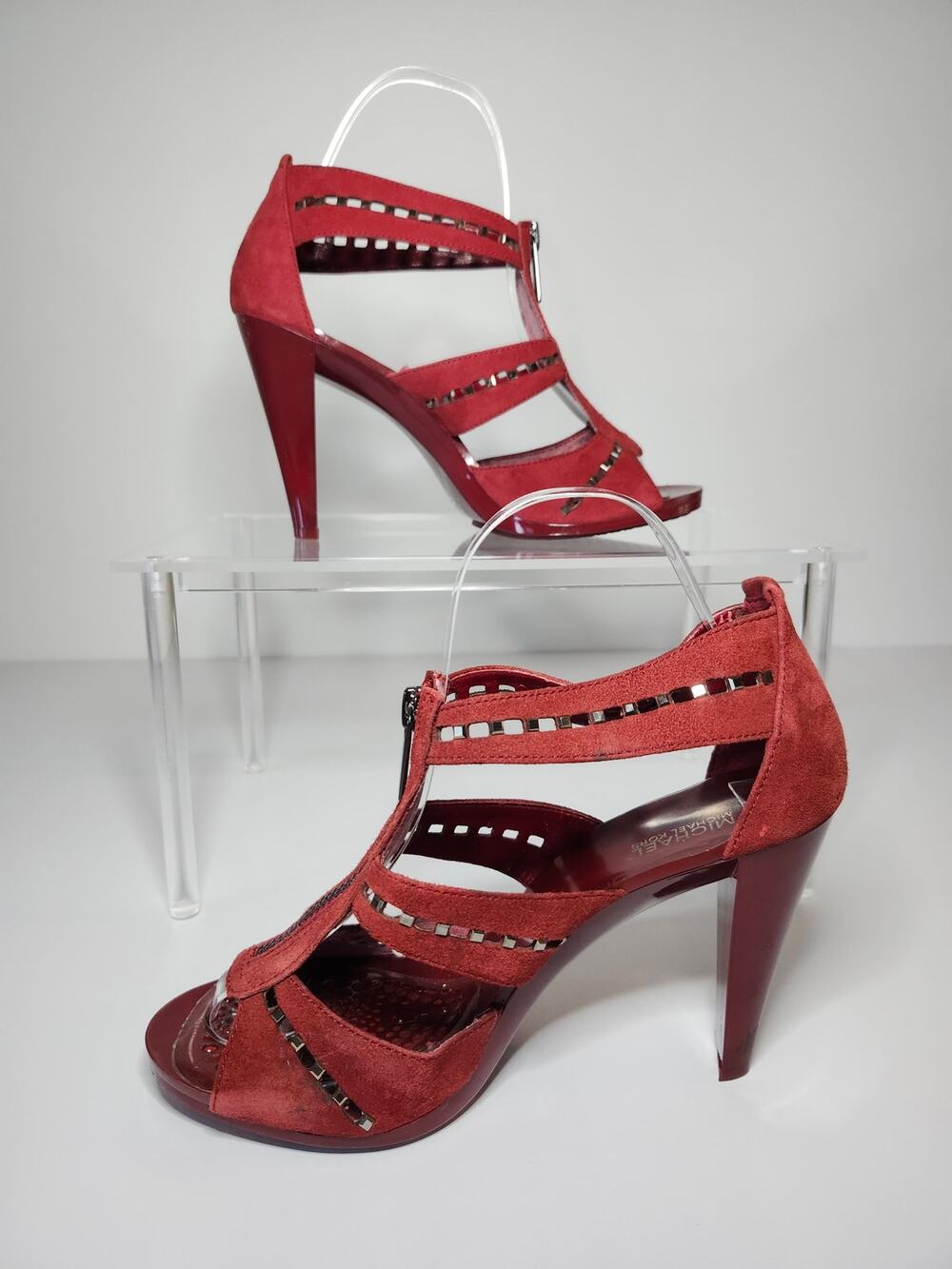 Michael Kors Women's Caged Stiletto Heels Crimson Red Sz 7.5 Suede Zip